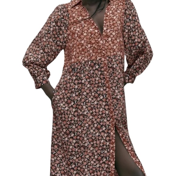 Zara Floral Printed Midi Mixed Pattern Balloon Sleeve Shirt Dress - Picture 2 of 16